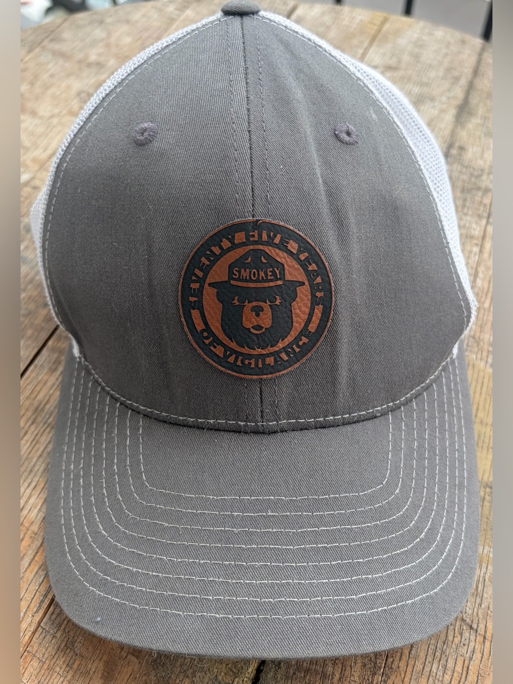 Richardson 112 Smokey Bear Leather Patch Trucker Hat Snapback Gray White Mesh